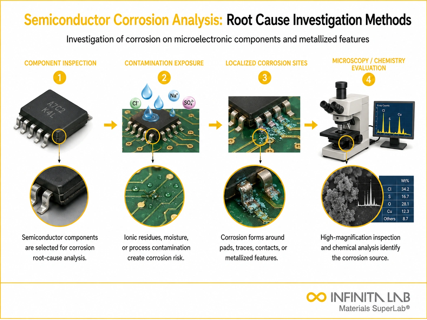 Four-step Infinita Engineering Visual showing semiconductor corrosion analysis: root cause investigation methods with component inspection, contamination exposure, localized corrosion sites, and microscopy / chemistry evaluation.