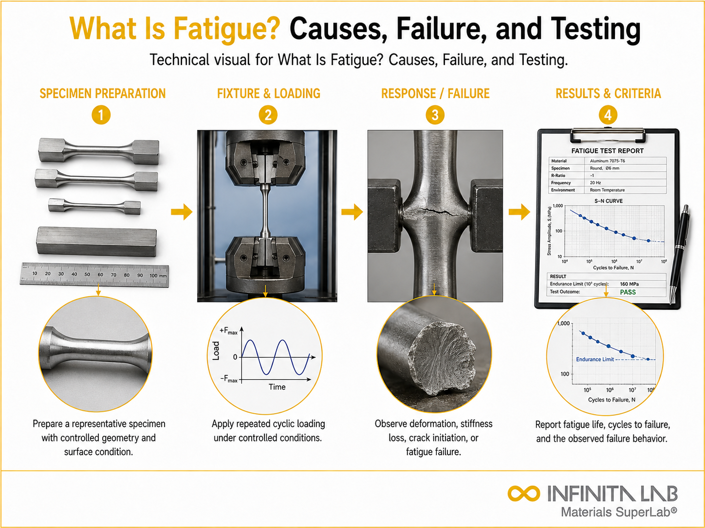 Infinita Engineering Visual showing What Is Fatigue? Causes, Failure, and Testing mechanical / structural testing workflow.
