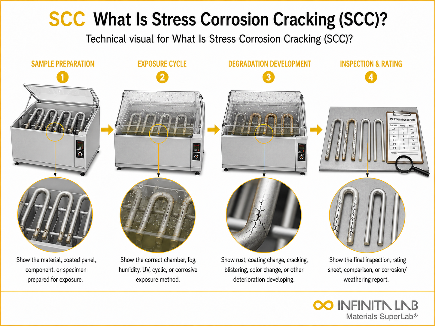 Infinita Engineering Visual showing What Is Stress Corrosion Cracking (SCC)? corrosion / weathering / durability workflow.