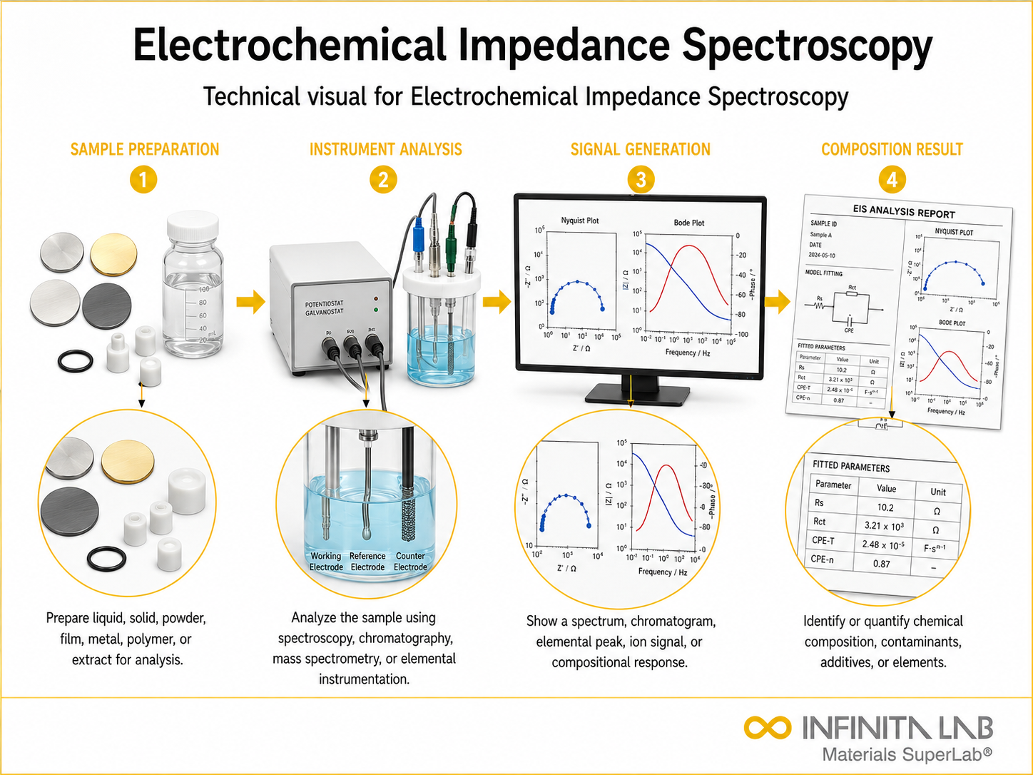Infinita Engineering Visual showing Electrochemical Impedance Spectroscopy spectroscopy / chromatography / elemental analysis workflow for electrochemical impedance spectroscopy.