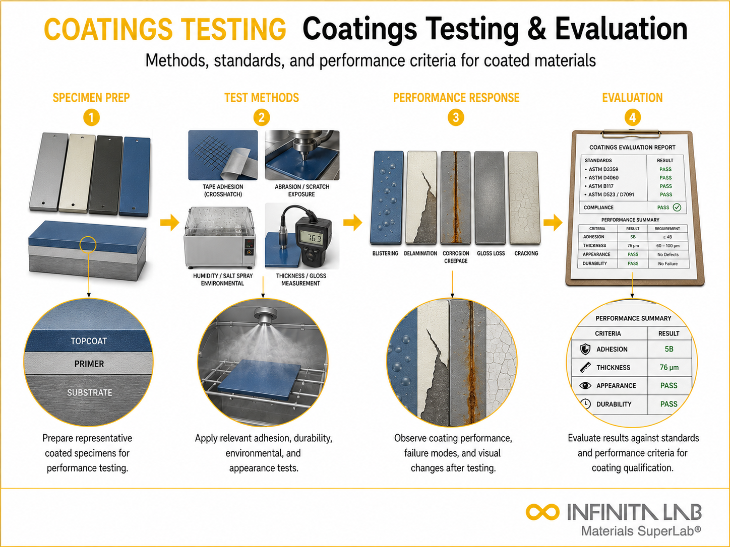 Infinita Engineering Visual showing Coatings Testing Evaluation coating / film / surface layer workflow for coatings testing & evaluation: methods, standards & performance criteria.