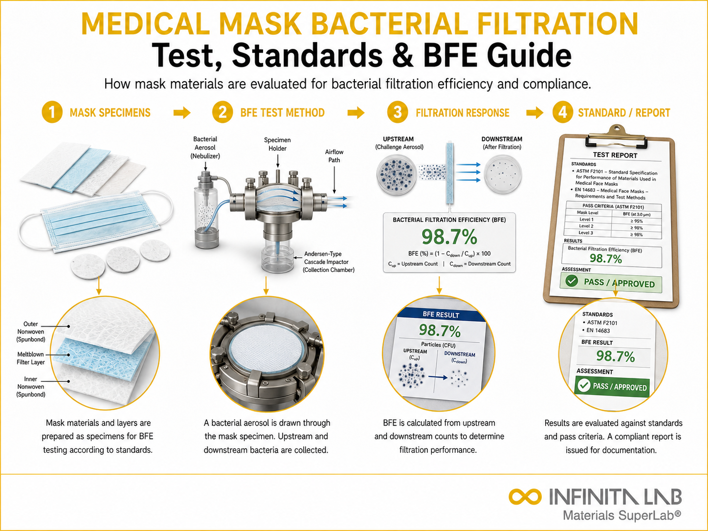 Infinita Engineering Visual showing Medical Mask Bacterial general testing / industry guide workflow for medical mask bacterial filtration test: method, standards & bfe guide.