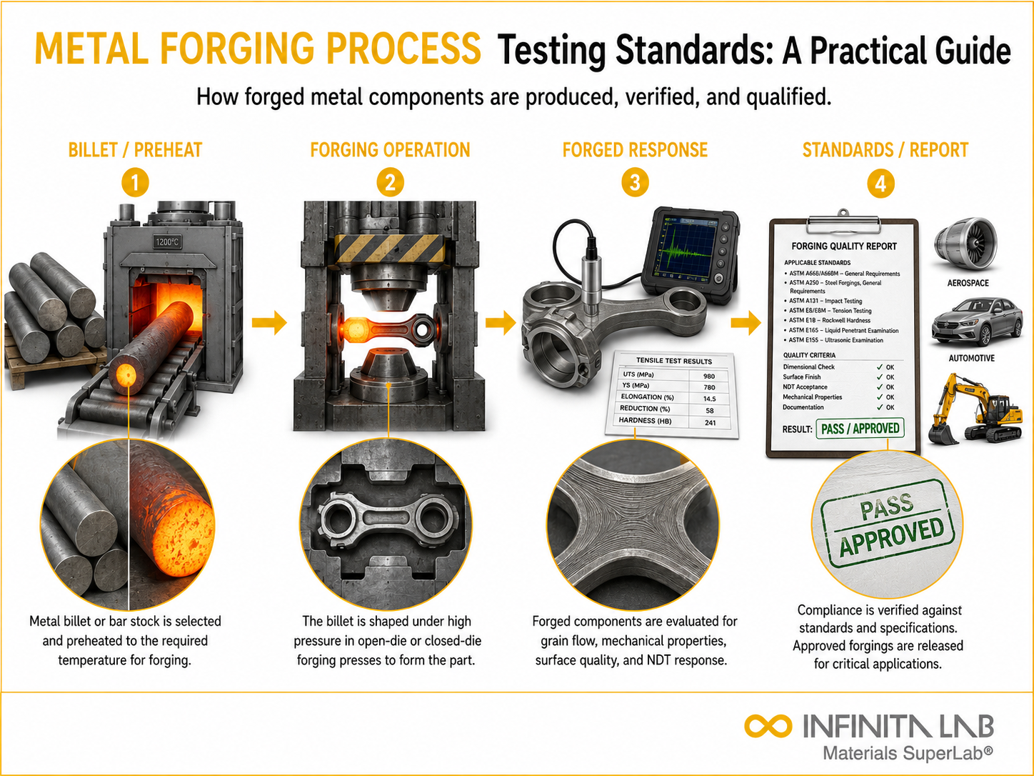 Infinita Engineering Visual showing Metal Forging Process general testing / industry guide workflow for metal forging process & testing standards: a practical guide.