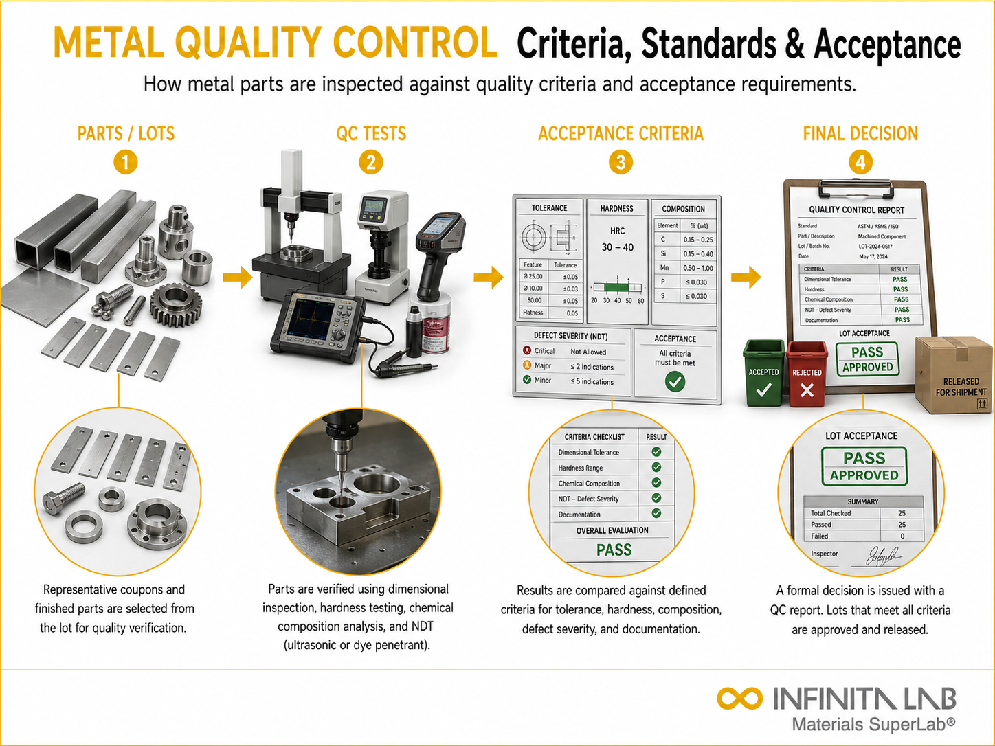 Infinita Engineering Visual showing Metal Quality Control general testing / industry guide workflow for metal quality control criteria: standards, testing & acceptance criteria.