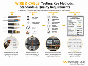Infinita Engineering Visual showing Wire Cable Testing general testing / industry guide workflow for wire & cable testing: key methods, standards & quality requirements.