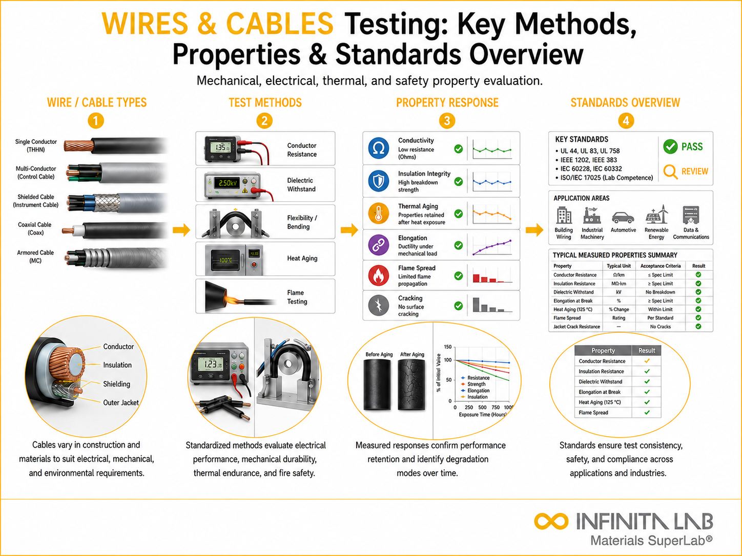 Infinita Engineering Visual showing Wires Cables Testing general testing / industry guide workflow for wires & cables testing: key methods, properties & standards overview.