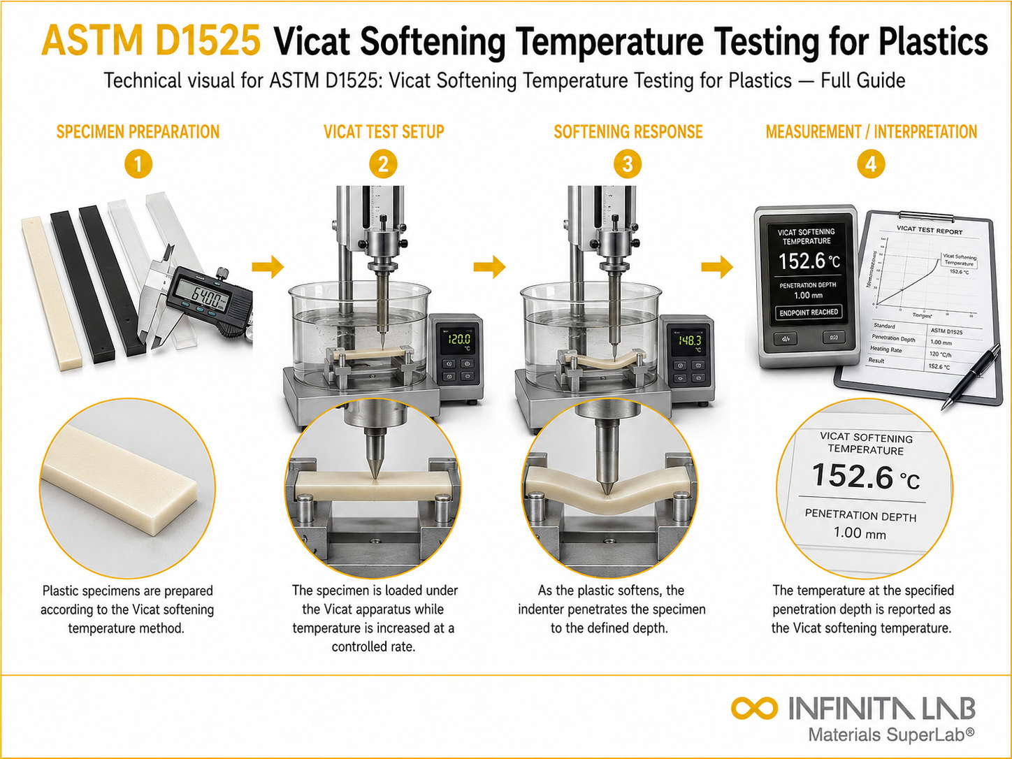 Infinita Engineering Visual showing ASTM D1525 microscopy / imaging workflow for astm d1525: vicat softening temperature testing for plastics — full guide.