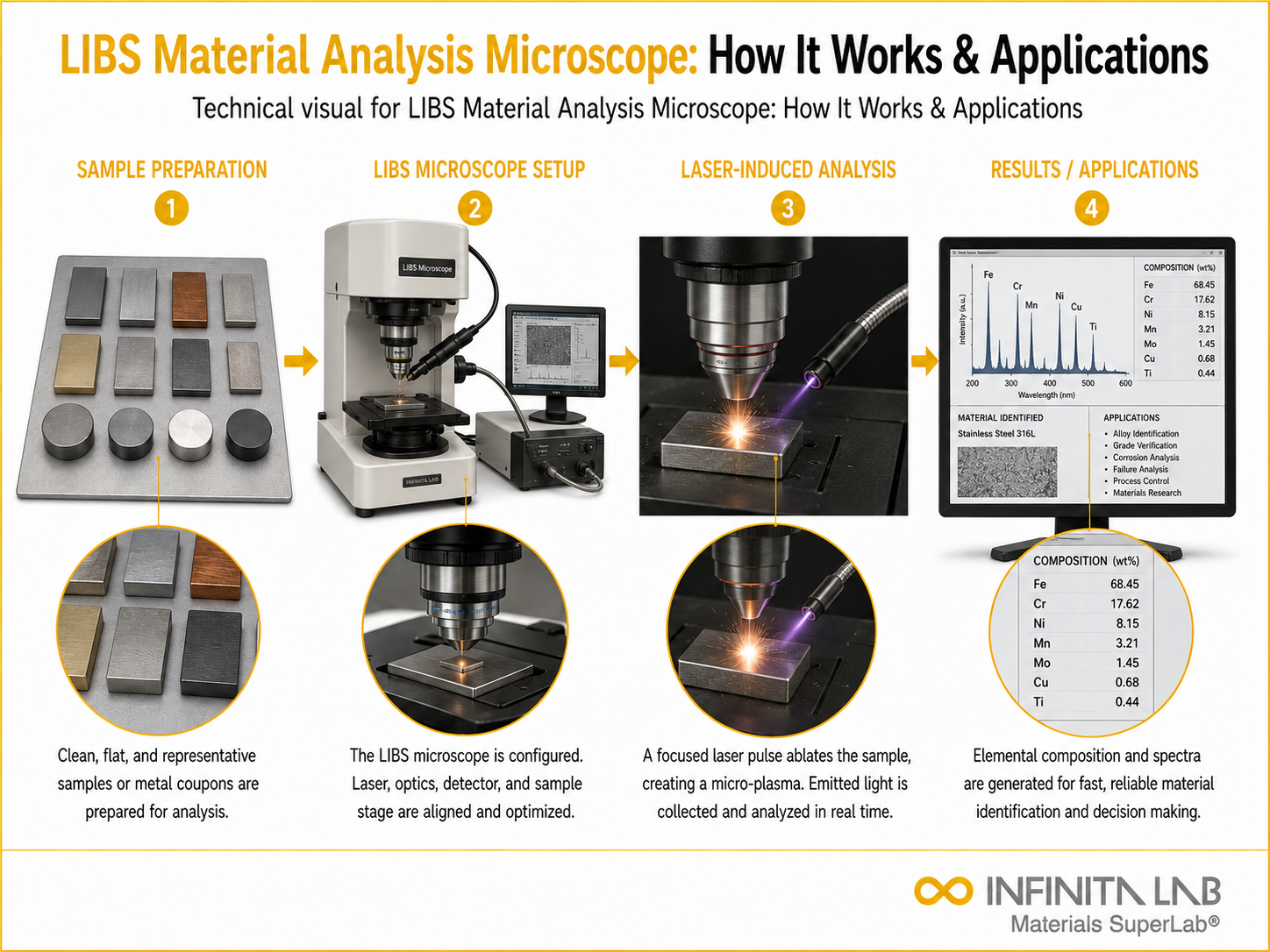 Infinita Engineering Visual showing Libs Material Analysis microscopy / metallography / imaging workflow for libs material analysis microscope: how it works & applications.