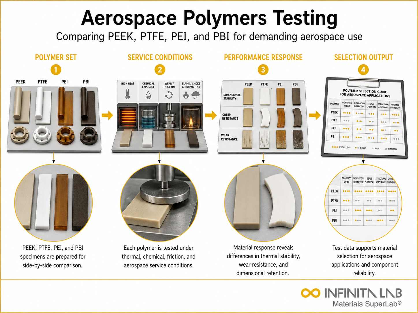 Infinita Engineering Visual showing Aerospace Polymers Testing named polymer / plastics workflow for aerospace polymers testing: peek, ptfe, pei & pbi comparison guide.