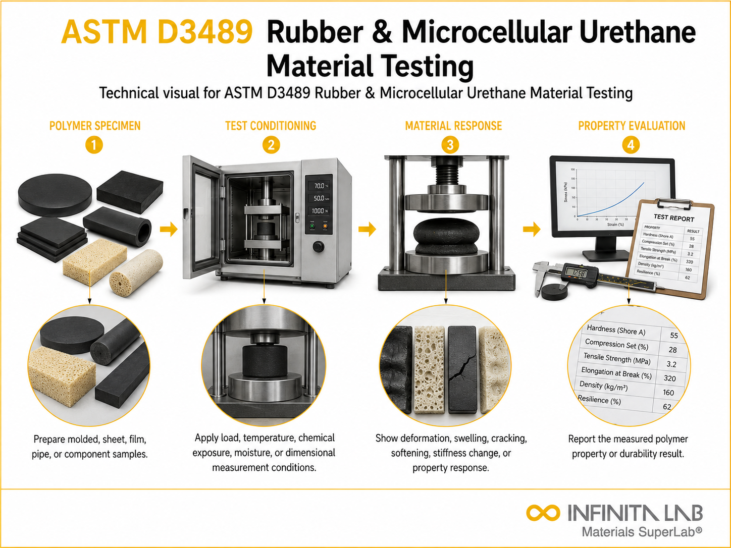 Infinita Engineering Visual showing ASTM D3489 RUBBER rubber / elastomer workflow for astm d3489 rubber & microcellular urethane material testing.