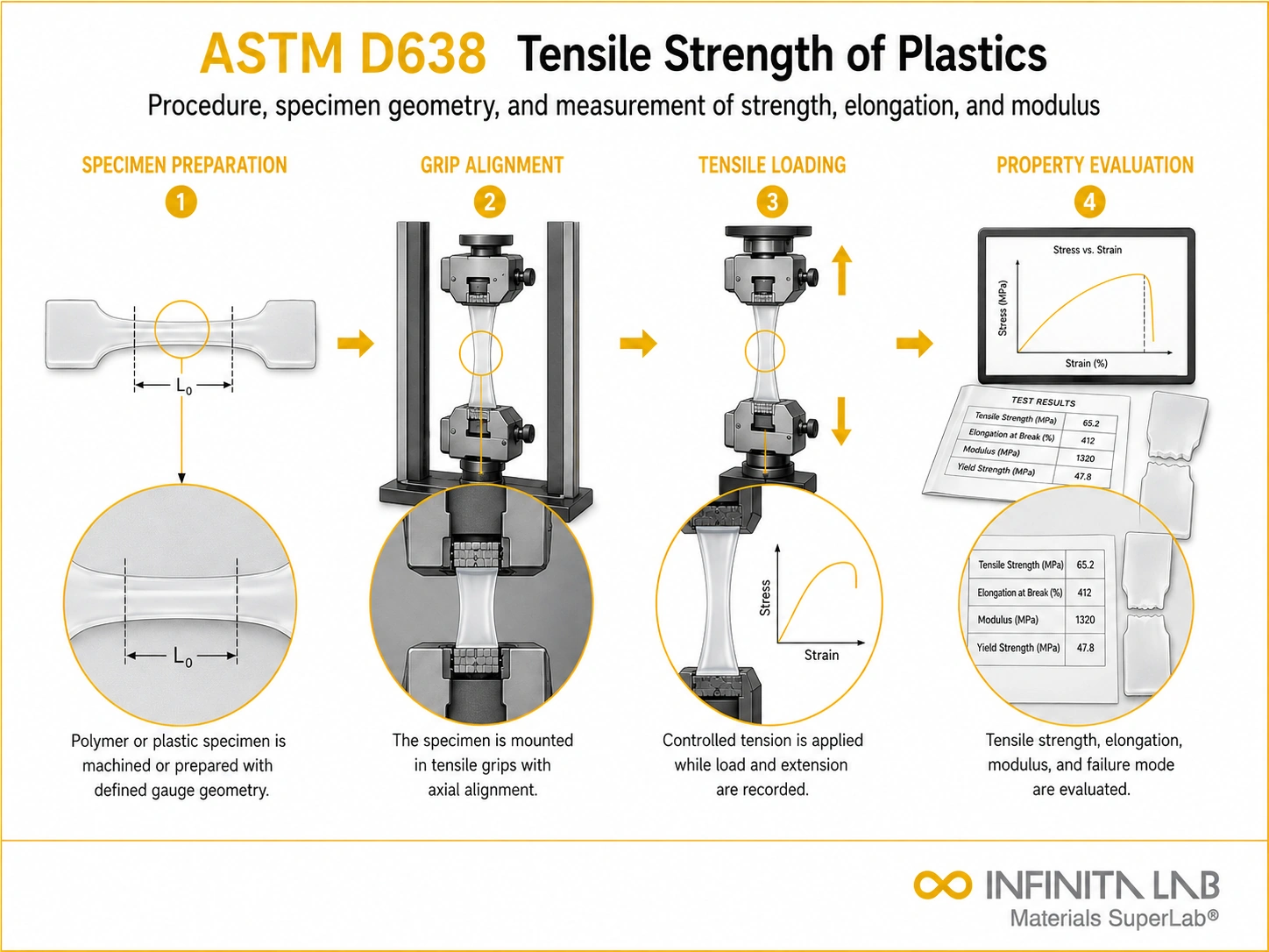 Tensile testing visual for Tensile Strength of Plastics per ASTM D638: Procedure, Specimens & Results, showing specimen preparation, grip alignment, axial loading, and stress-strain evaluation.
