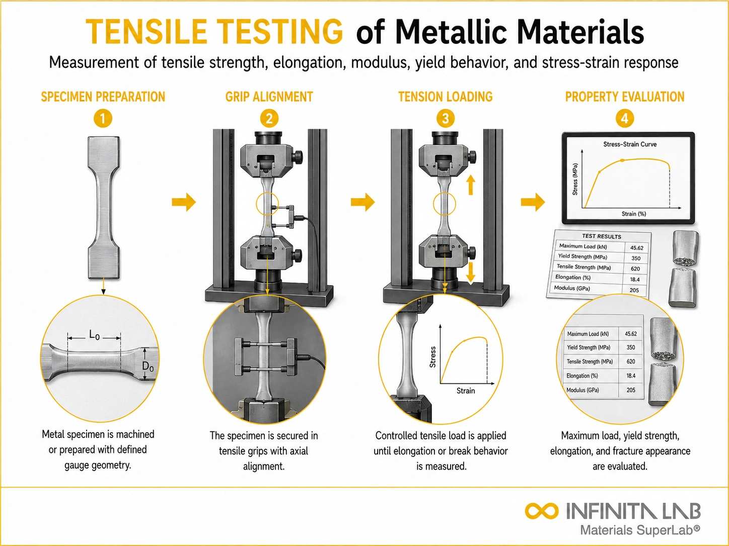 Tensile testing visual for What Is Tensile Testing of Metallic Materials? Methods, Standards & Properties, showing specimen preparation, grip alignment, axial loading, and stress-strain evaluation.