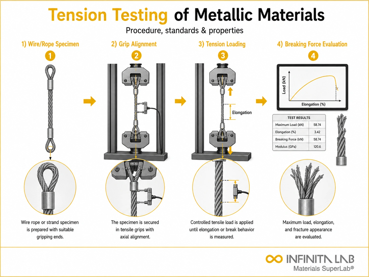 Tensile testing visual for Tension Testing of Metallic Materials: Procedure, Standards & Properties, showing specimen preparation, grip alignment, axial loading, and stress-strain evaluation.
