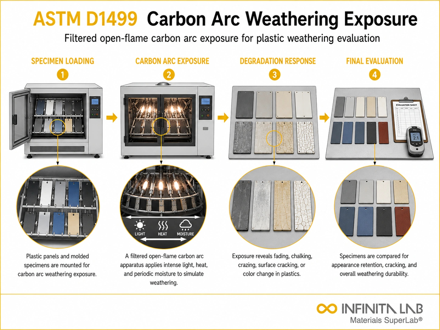 Infinita Engineering Visual showing ASTM D1499 uv / weathering exposure workflow for astm d1499: filtered open flame carbon arc weathering exposure for plastics.