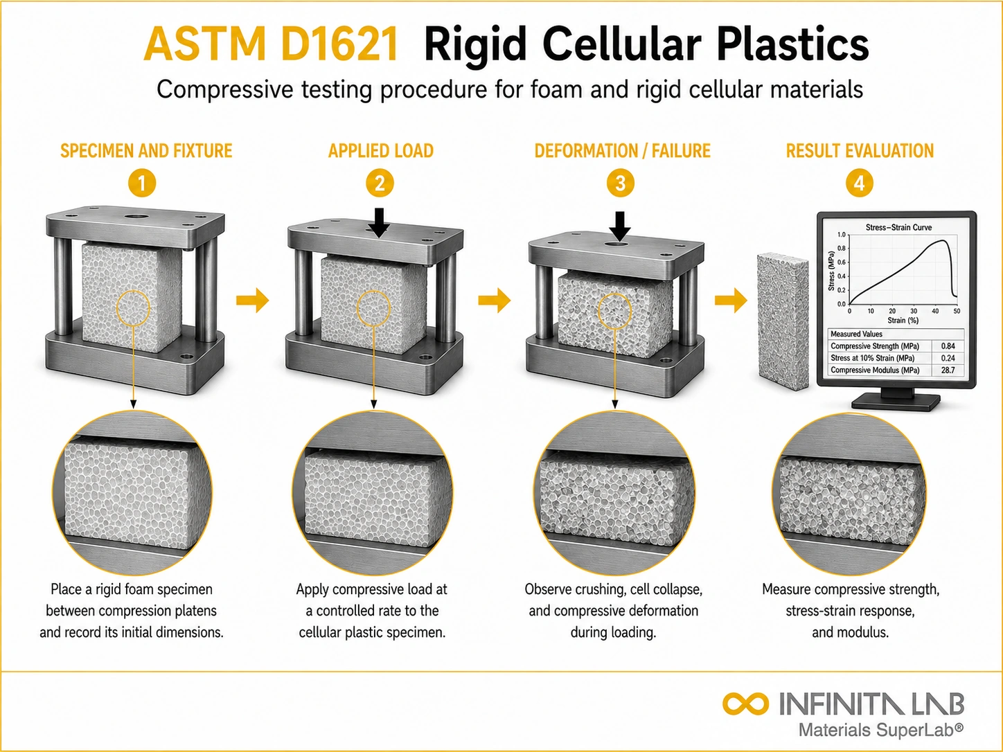 Infinita Engineering Visual showing ASTM D1621 compression / shear / creep workflow for astm d1621: compressive testing of rigid cellular plastics — method guide.
