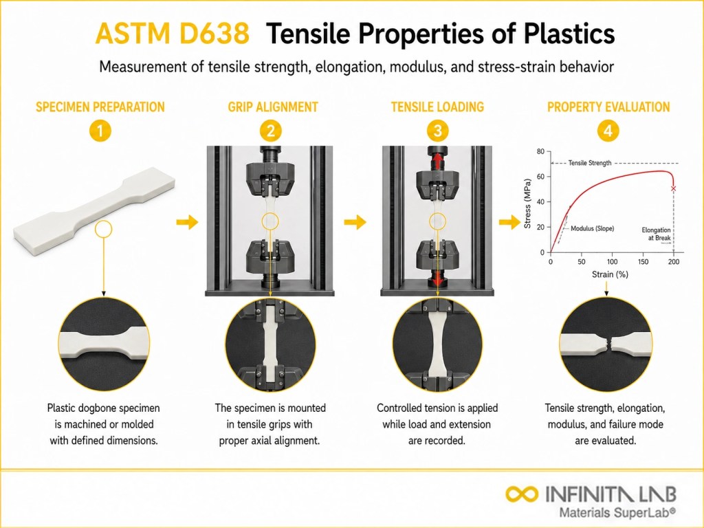 Tensile testing visual for Astm D638 Tensile Properties Plastics, showing specimen preparation, grip alignment, axial loading, and stress-strain evaluation.