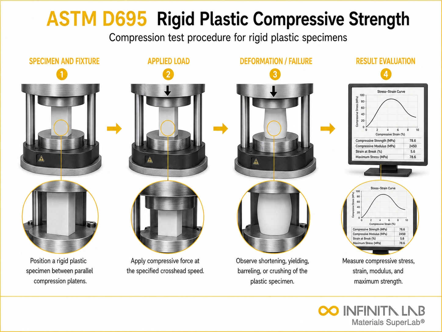 Infinita Engineering Visual showing ASTM D695 compression / shear / creep workflow for astm d695: rigid plastic compressive strength testing guide.