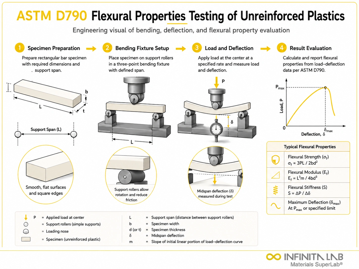 Four-step Infinita Engineering Visual showing aSTM D790 Flexural Properties Testing of Unreinforced Plastics with specimen preparation, fixture setup, flexural loading, and results evaluation.