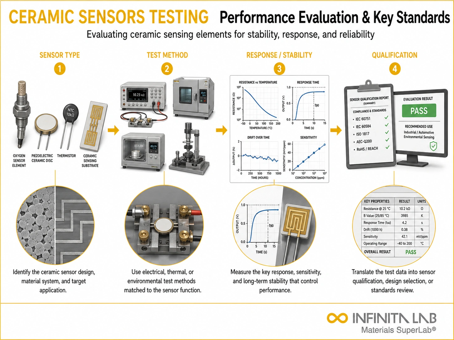 Infinita Engineering Visual showing Ceramic Sensors Testing general testing / industry guide workflow for ceramic sensors testing: performance evaluation & key standards.