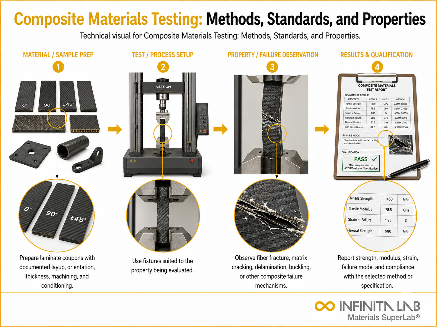 Infinita Engineering Visual showing Composite Materials Testing: Methods, Standards, and Properties composites / plastics / polymers workflow.