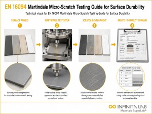 Infinita Engineering Visual showing EN 16094 MARTINDALE wear / abrasion / scratch workflow for en 16094 martindale micro-scratch testing guide for surface durability.