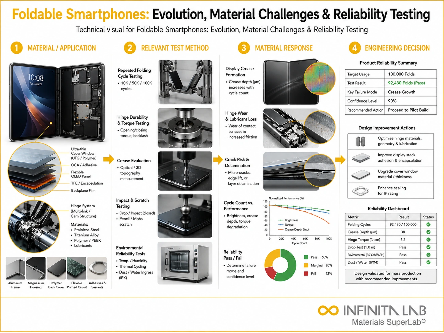 Infinita Engineering Visual showing Foldable Smartphones Evolution general technical visual / needs light review workflow for foldable smartphones: evolution, material challenges & reliability testing.