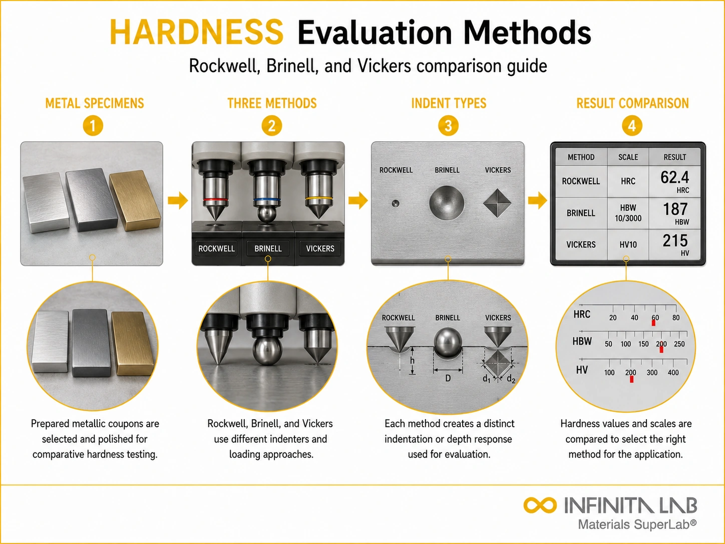 Infinita Engineering Visual showing Hardness Testing Evaluation vickers / microhardness workflow for hardness testing evaluation methods: rockwell, brinell, vickers & comparison.