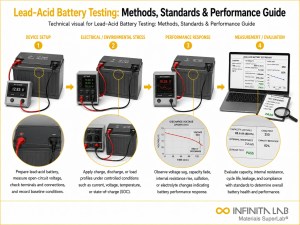 Infinita Engineering Visual showing Lead Acid Battery electrical / electronics reliability workflow for lead-acid battery testing: methods, standards & performance guide.