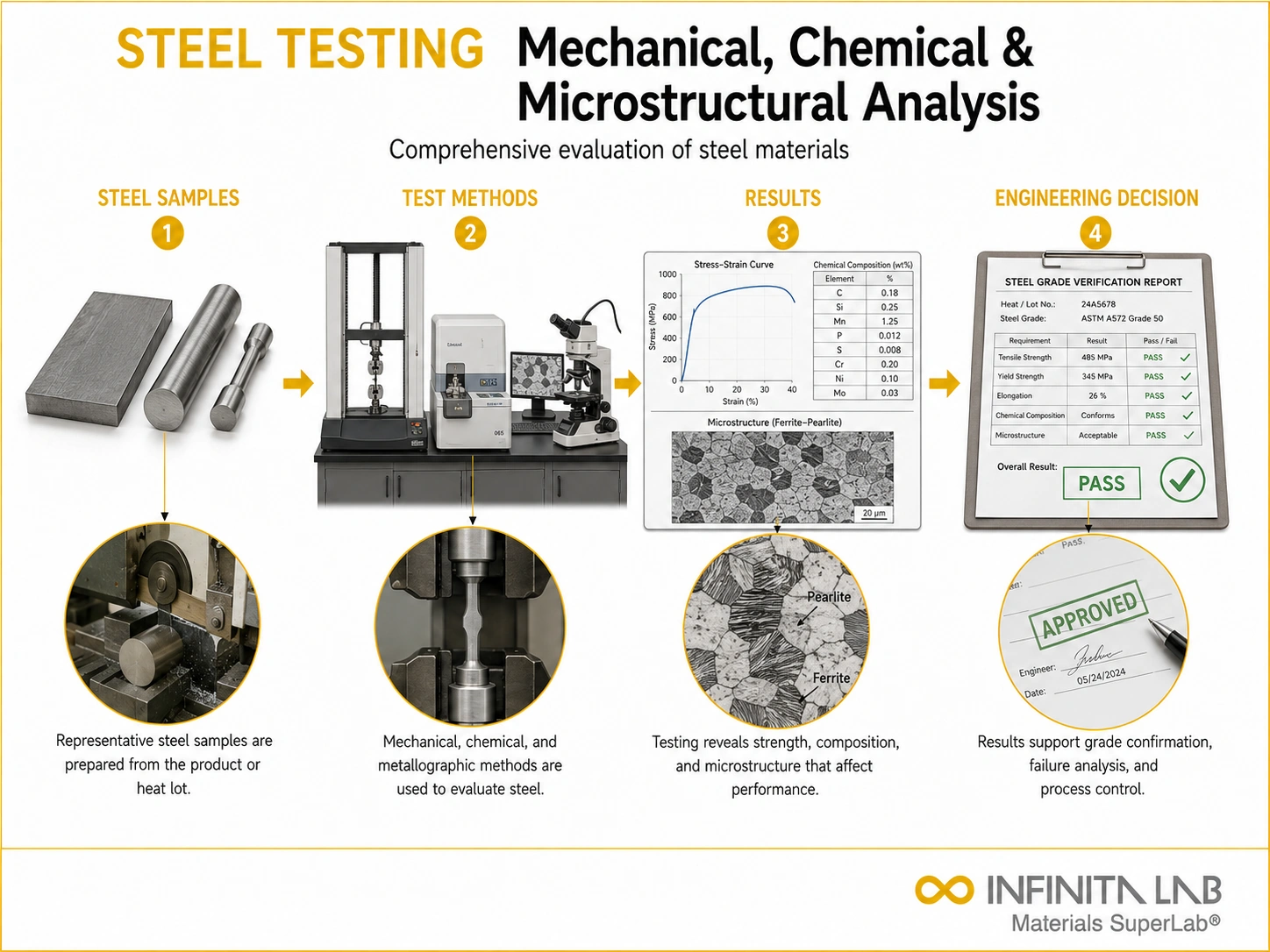 Infinita Engineering Visual showing Material Testing For general technical visual / needs light review workflow for material testing for steel: mechanical, chemical & microstructural analysis.