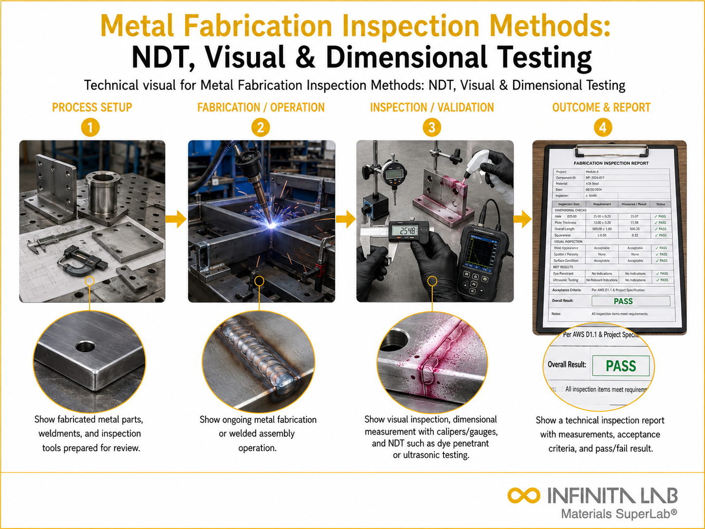 Infinita Engineering Visual showing Metal Fabrication Inspection Methods: NDT, Visual & Dimensional Testing manufacturing / fabrication / process workflow.