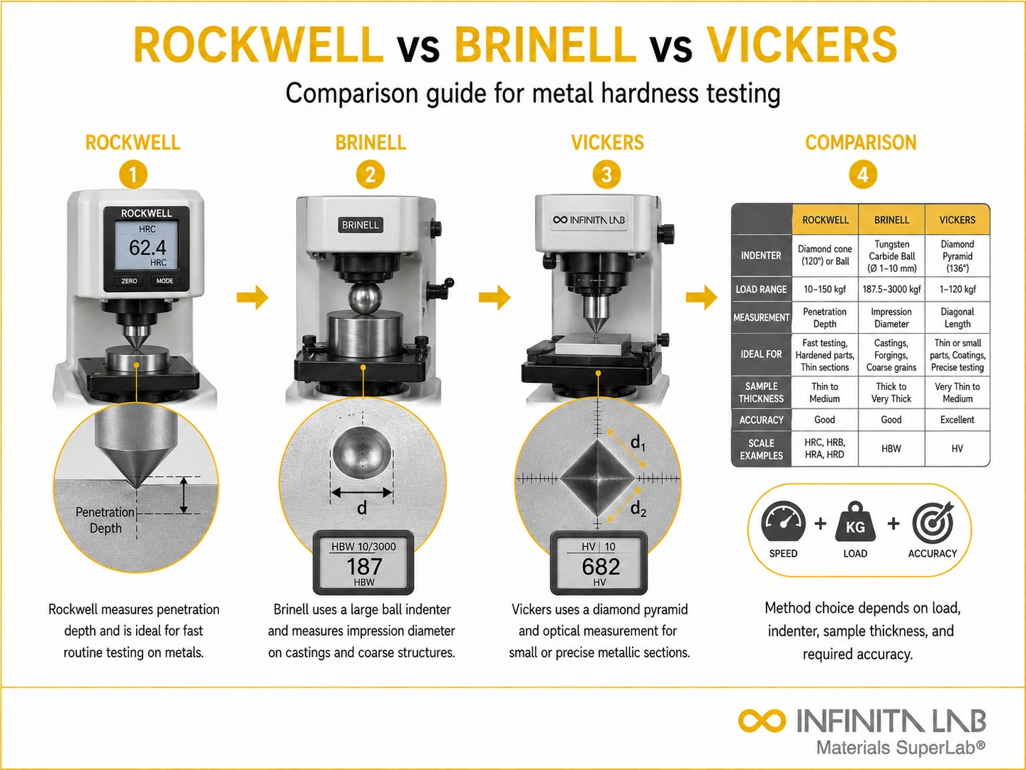Infinita Engineering Visual showing Metal Hardness Testing vickers / microhardness workflow for metal hardness testing: rockwell vs brinell vs vickers — comparison guide.