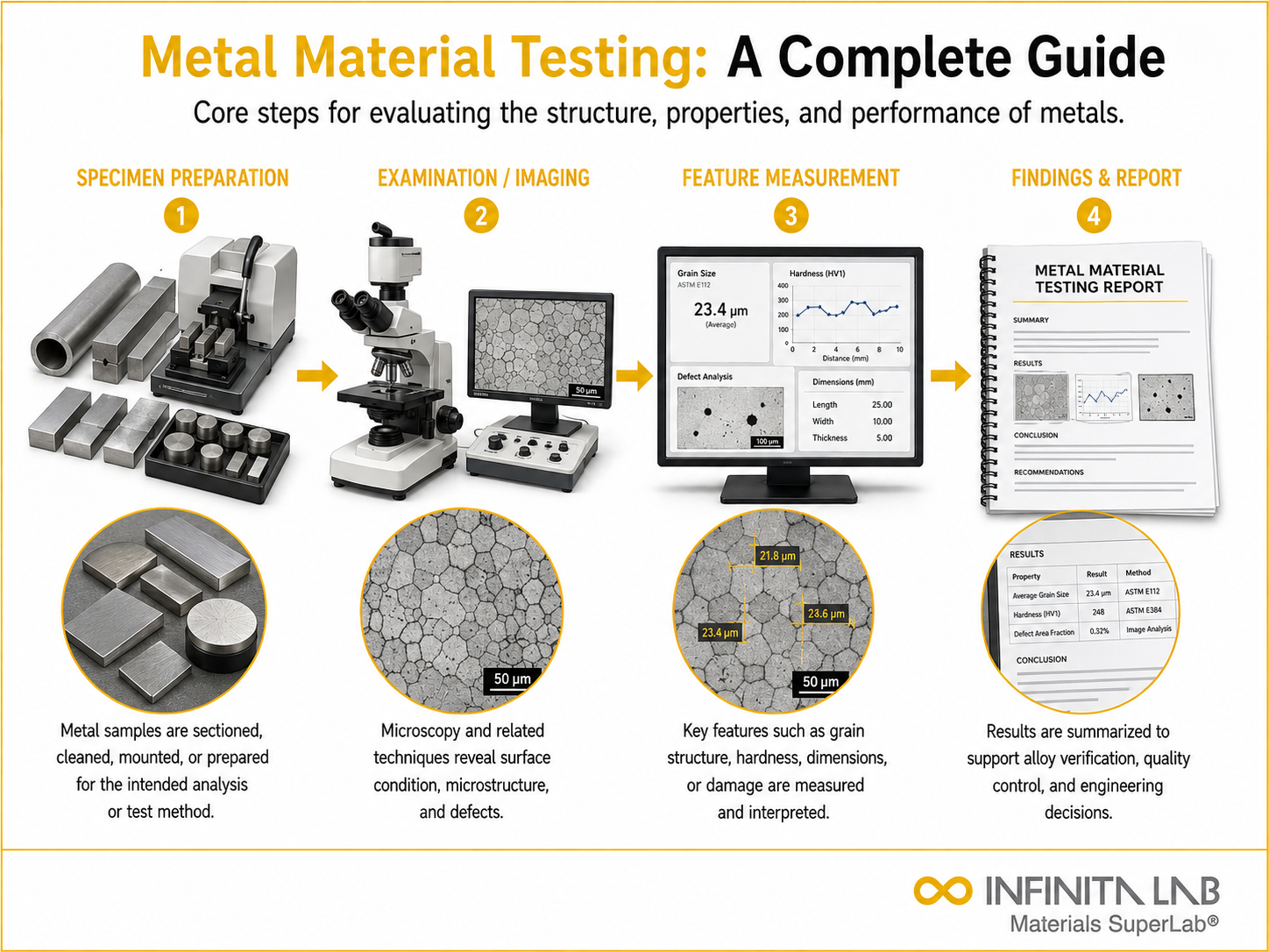 Infinita Engineering Visual showing Metal Material Testing: A Complete Guide microscopy / surface / material characterization workflow.