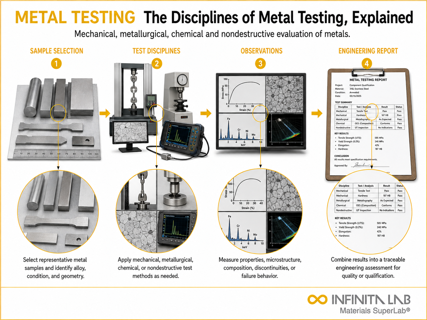 Infinita Engineering Visual showing The Disciplines of Metal Testing, Explained mechanical / structural testing workflow.