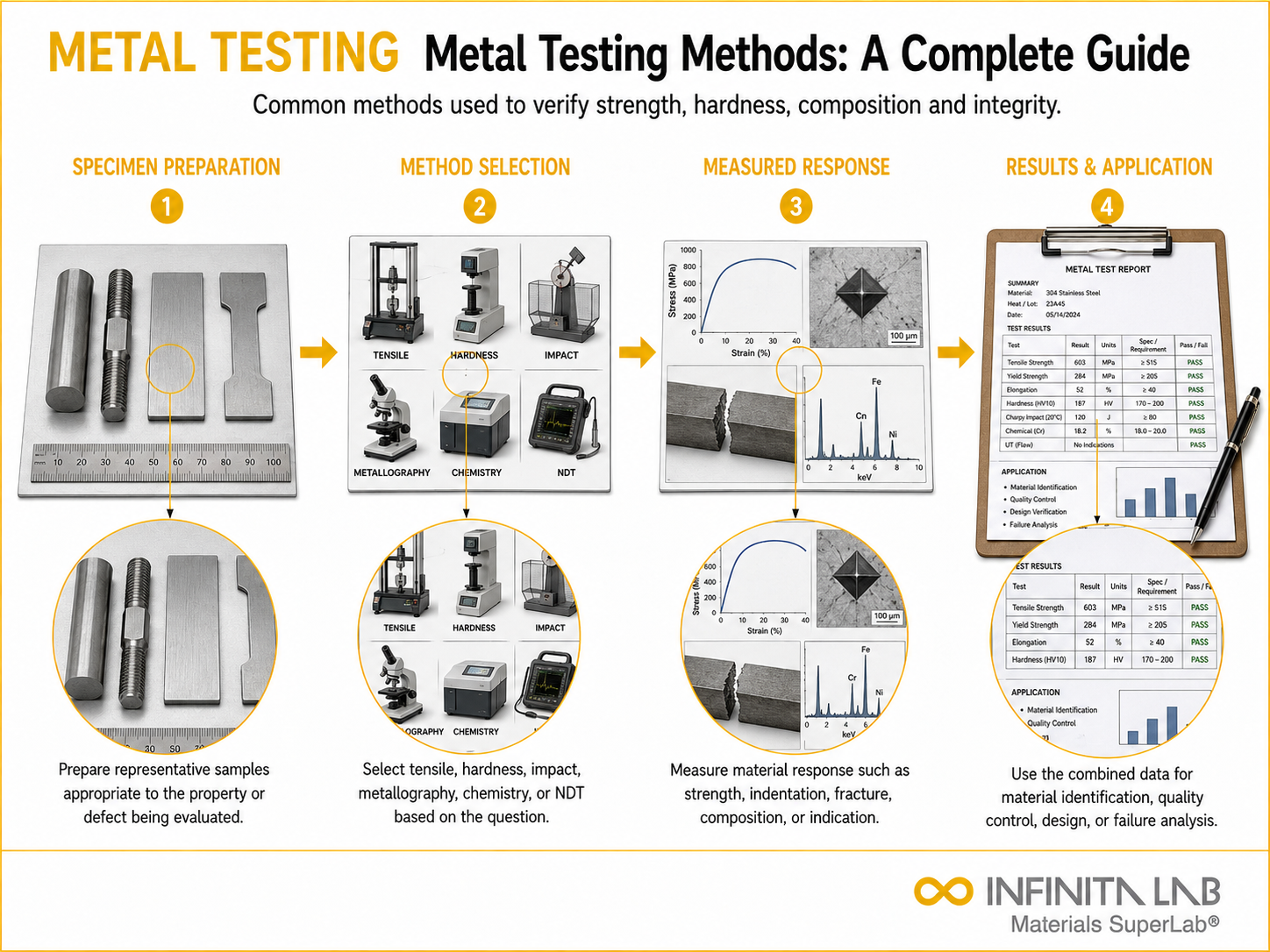 Infinita Engineering Visual showing Metal Testing Methods: A Complete Guide mechanical / structural testing workflow.