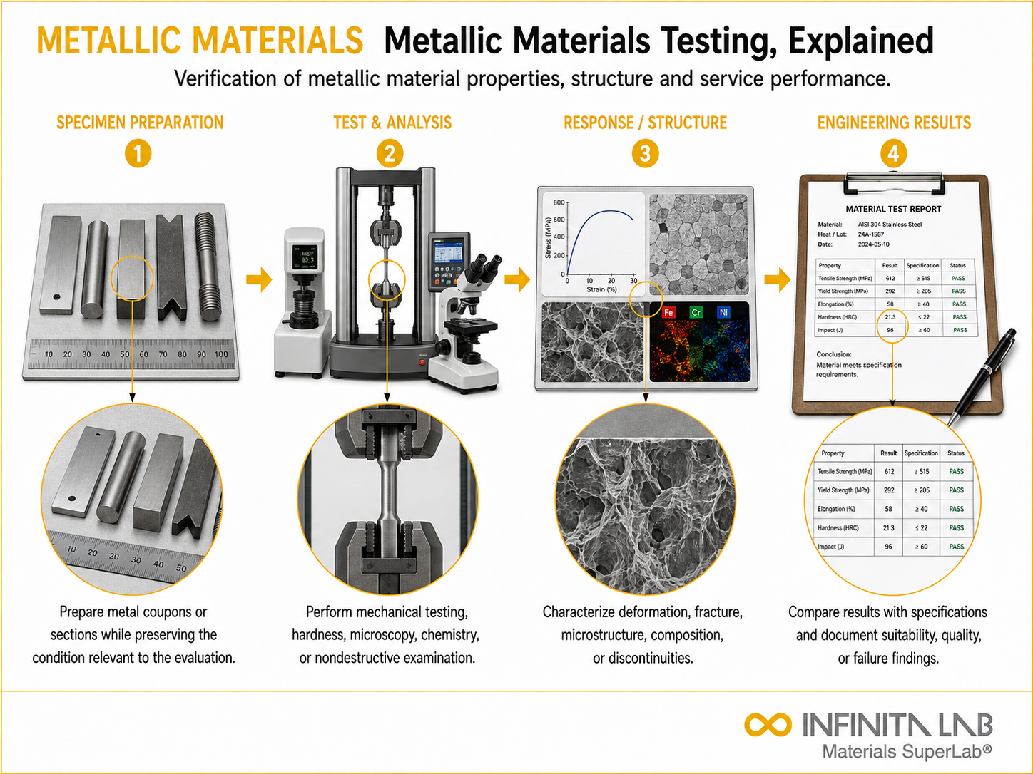 Infinita Engineering Visual showing Metallic Materials Testing, Explained mechanical / structural testing workflow.
