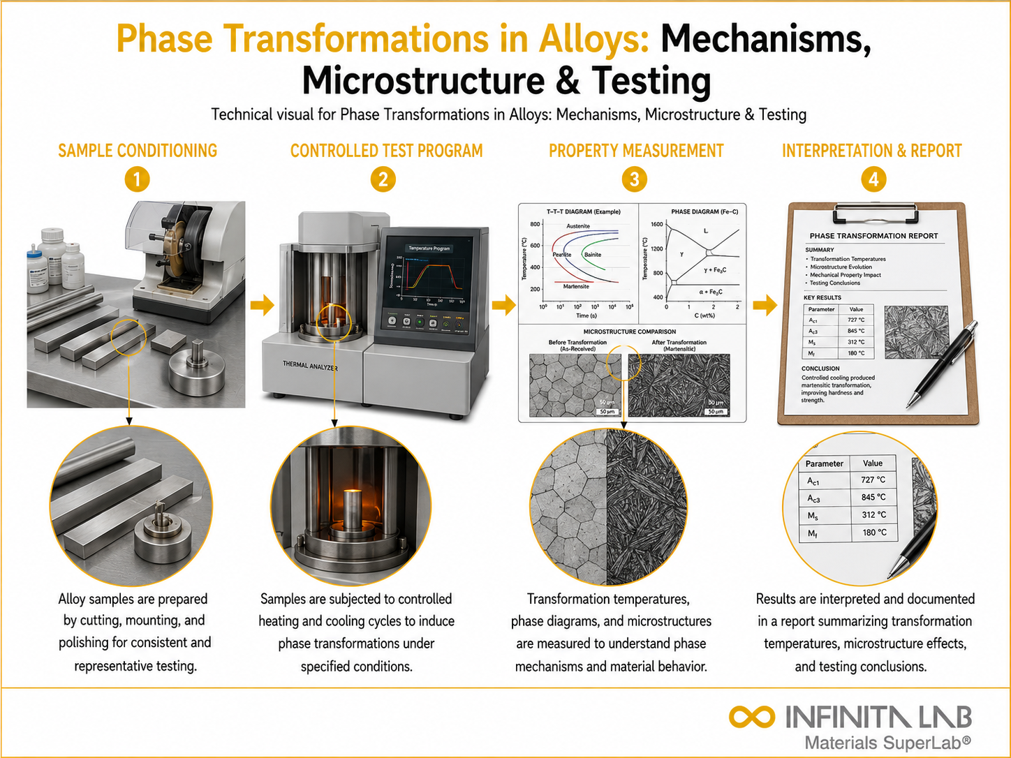 Infinita Engineering Visual showing Phase Transformations in Alloys: Mechanisms, Microstructure & Testing thermal / physical property analysis workflow.
