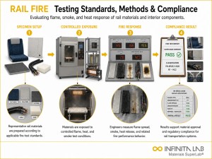 Infinita Engineering Visual showing Rail Fire Testing fire / flammability / combustion workflow for rail fire testing: standards, methods & compliance guide.