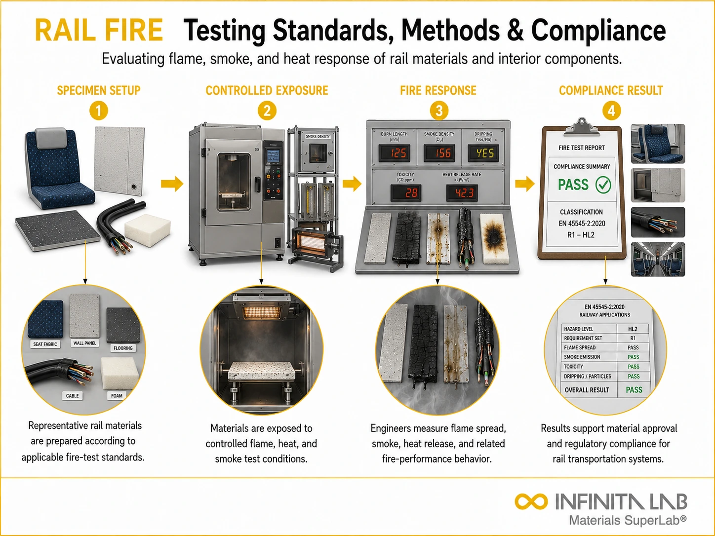 Infinita Engineering Visual showing Rail Fire Testing fire / flammability / combustion workflow for rail fire testing: standards, methods & compliance guide.