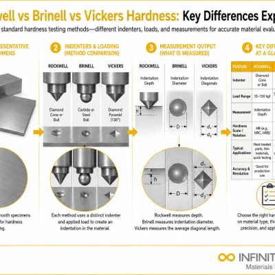 Infinita Engineering Visual showing Rockwell Vs Brinell vickers / microhardness workflow for rockwell vs brinell vs vickers hardness: key differences explained.