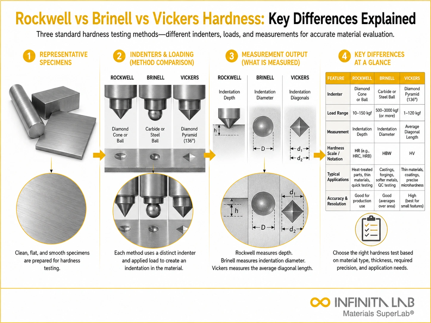 Infinita Engineering Visual showing Rockwell Vs Brinell vickers / microhardness workflow for rockwell vs brinell vs vickers hardness: key differences explained.