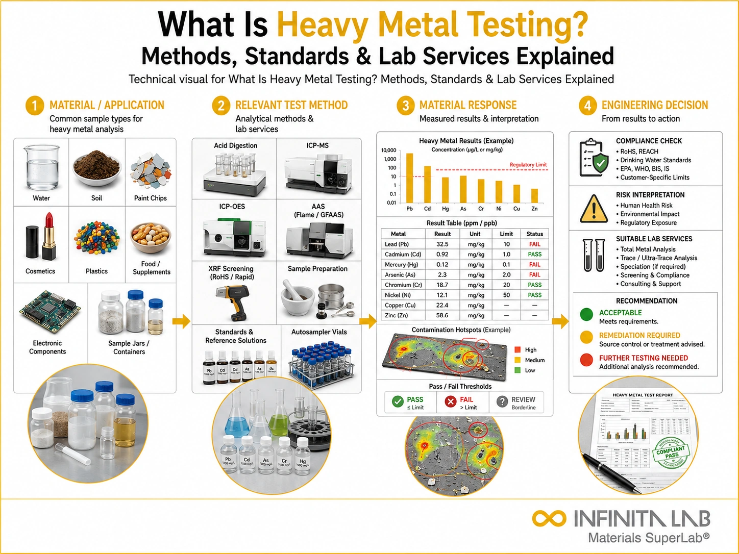 Infinita Engineering Visual showing What Is Heavy general testing / industry guide workflow for what is heavy metal testing? methods, standards & lab services explained.