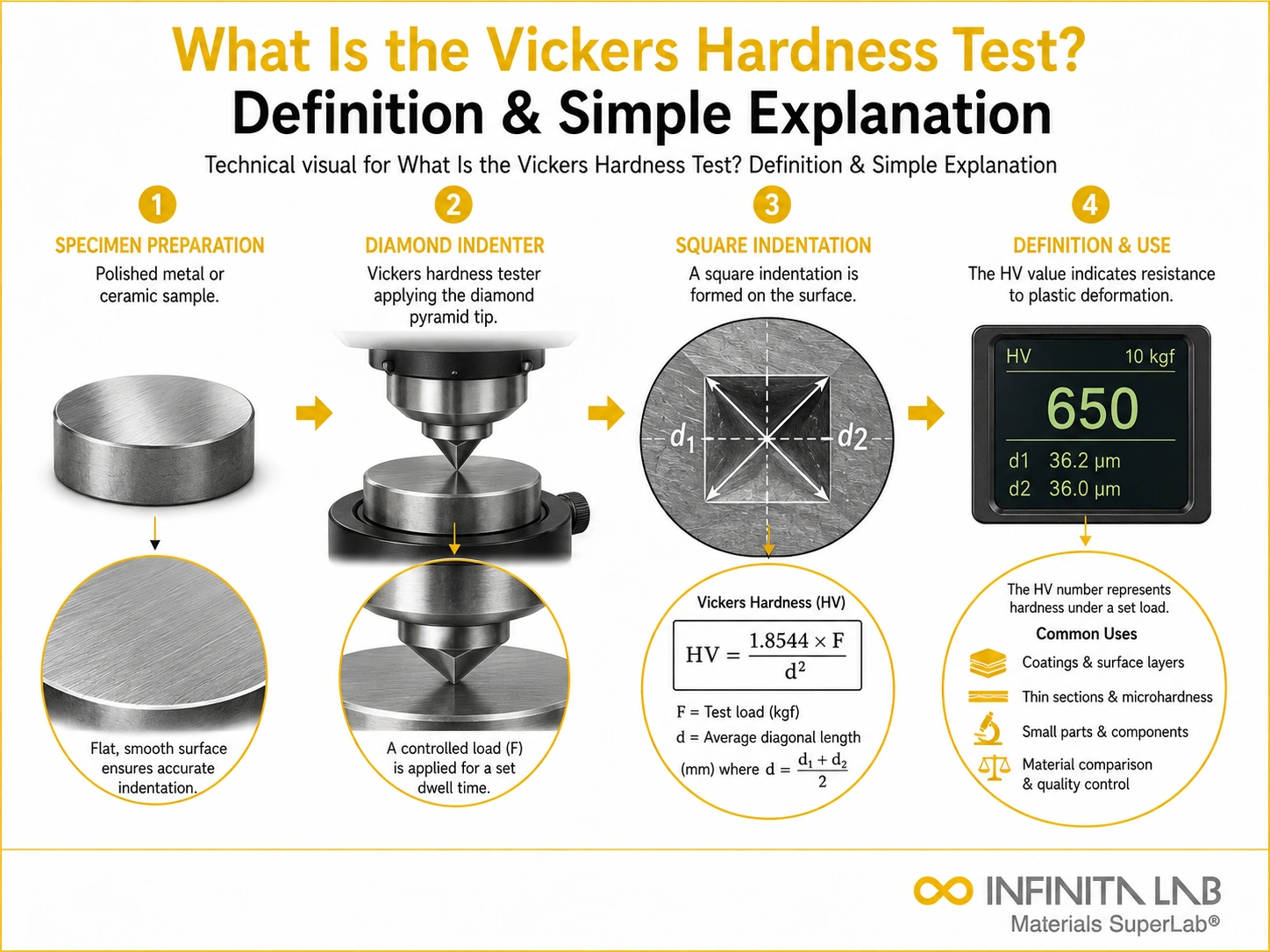Infinita Engineering Visual showing What Is The vickers / microhardness workflow for what is the vickers hardness test? definition & simple explanation.