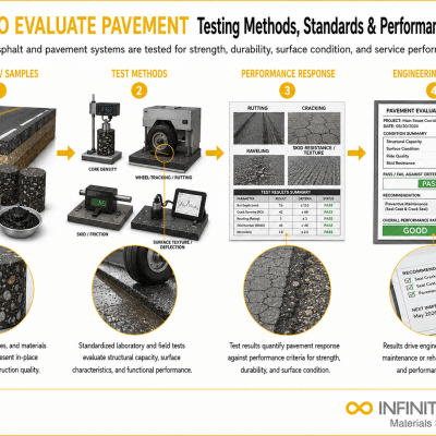 Infinita Engineering Visual showing How To Evaluate general testing / industry guide workflow for how to evaluate pavement: testing methods, standards & performance criteria.