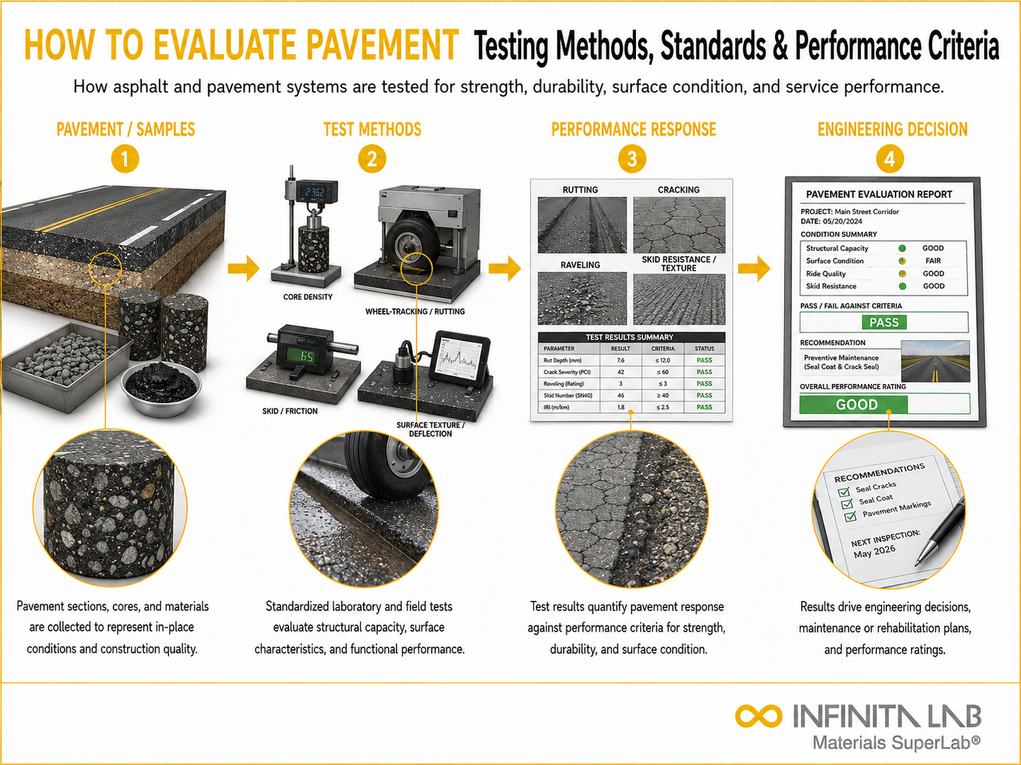 Infinita Engineering Visual showing How To Evaluate general testing / industry guide workflow for how to evaluate pavement: testing methods, standards & performance criteria.