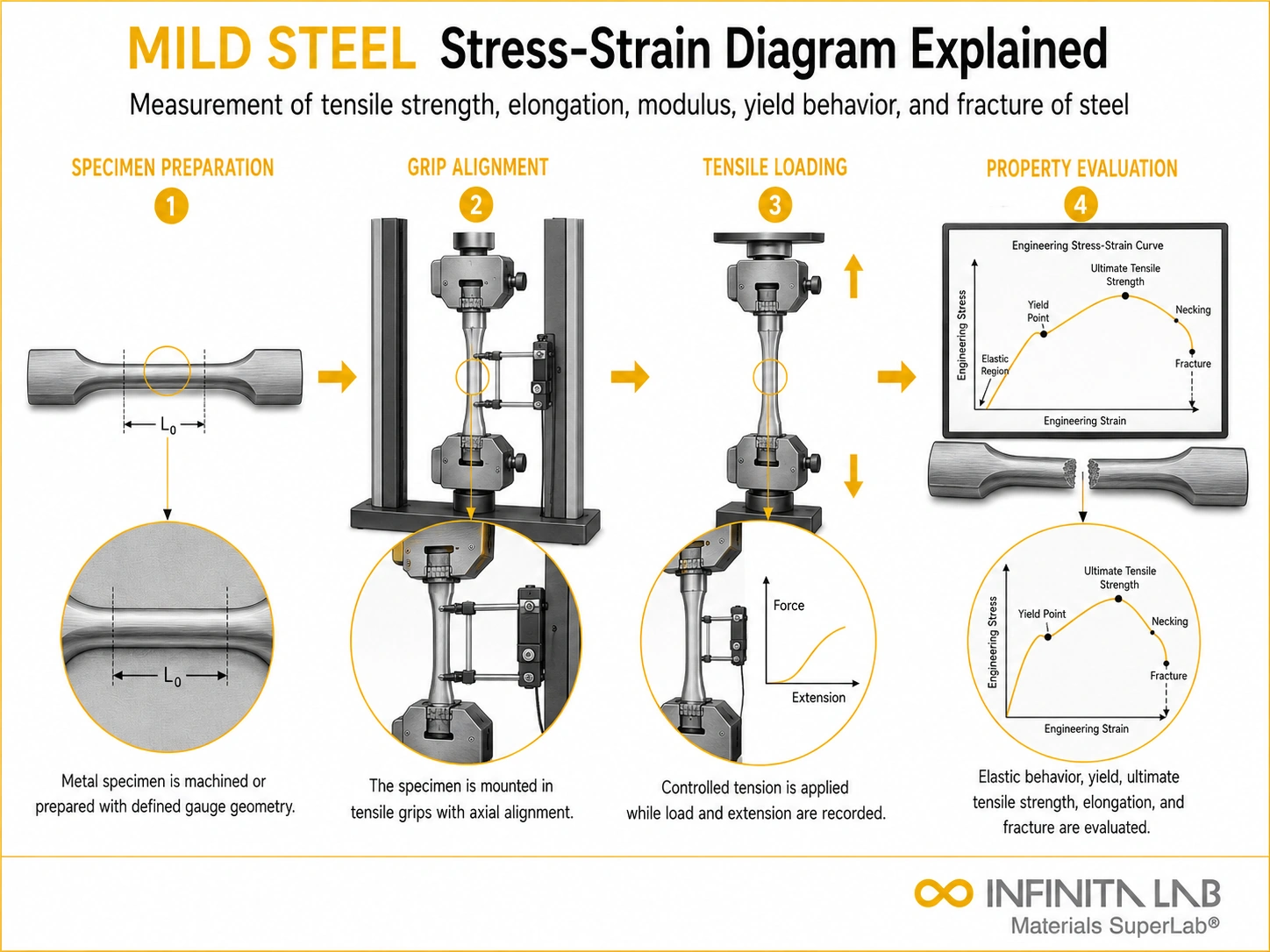 Tensile testing visual for Mild Steel Stress-Strain Diagram: Explained & Testing Guide, showing specimen preparation, grip alignment, axial loading, and stress-strain evaluation.