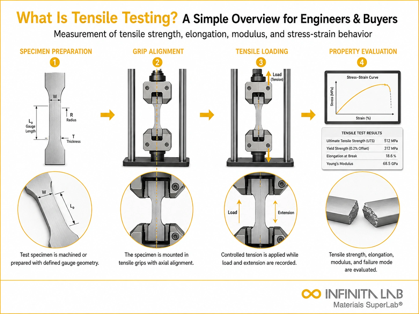 Tensile testing visual for What Is Tensile Testing? A Simple Overview for Engineers & Buyers, showing specimen preparation, grip alignment, axial loading, and stress-strain evaluation.
