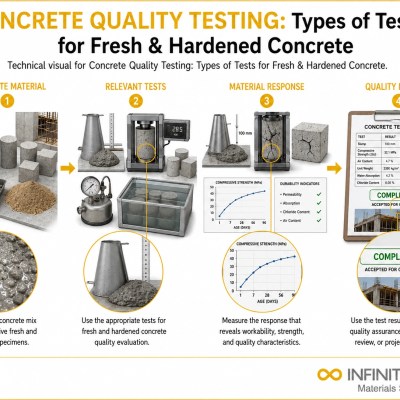 Infinita Engineering Visual showing Concrete Quality Testing general testing / industry guide workflow for concrete quality testing: types of tests for fresh & hardened concrete.