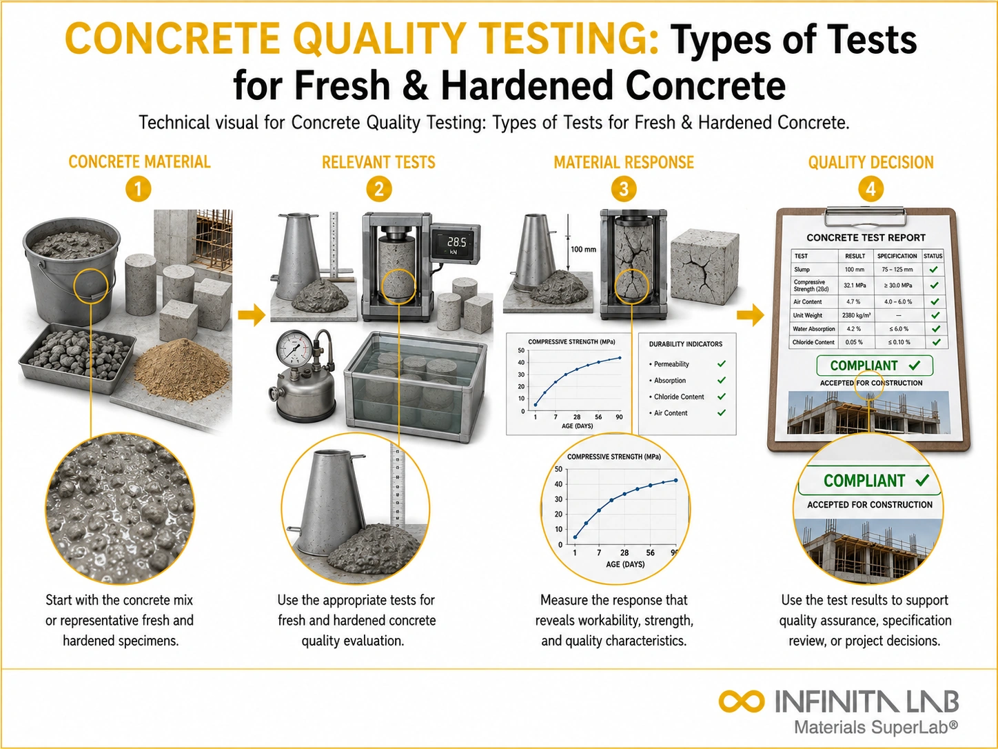 Infinita Engineering Visual showing Concrete Quality Testing general testing / industry guide workflow for concrete quality testing: types of tests for fresh & hardened concrete.