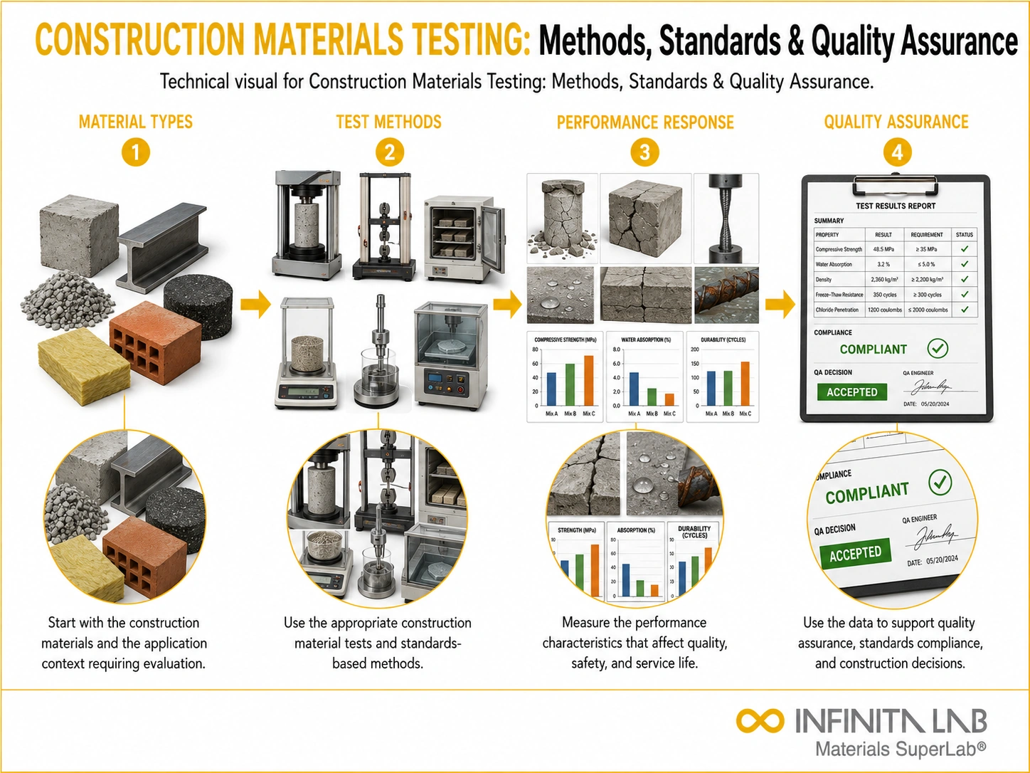 Infinita Engineering Visual showing Construction Materials Testing general testing / industry guide workflow for construction materials testing: methods, standards & quality assurance.