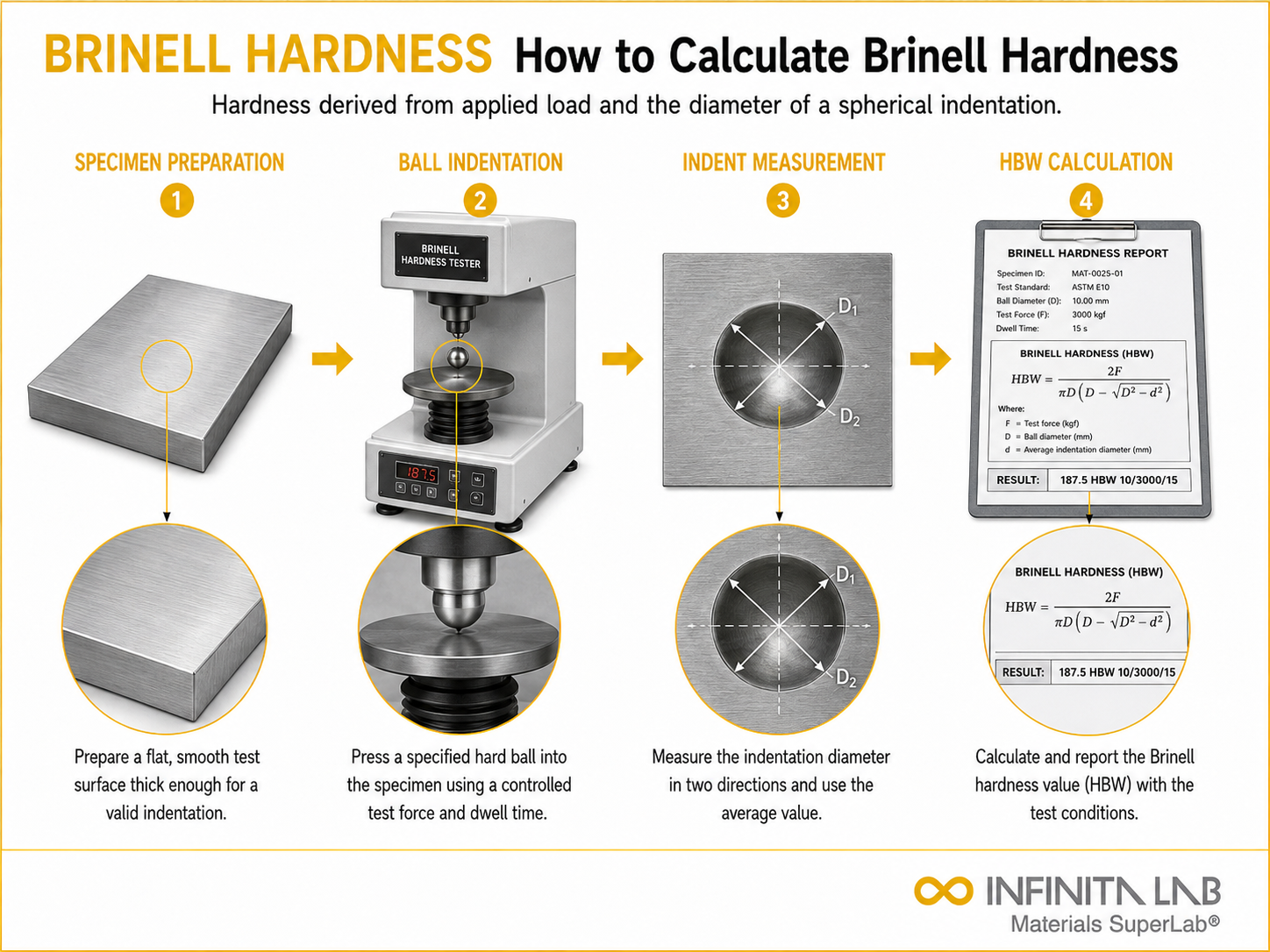Infinita Engineering Visual showing How to Calculate Brinell Hardness mechanical / structural testing workflow.